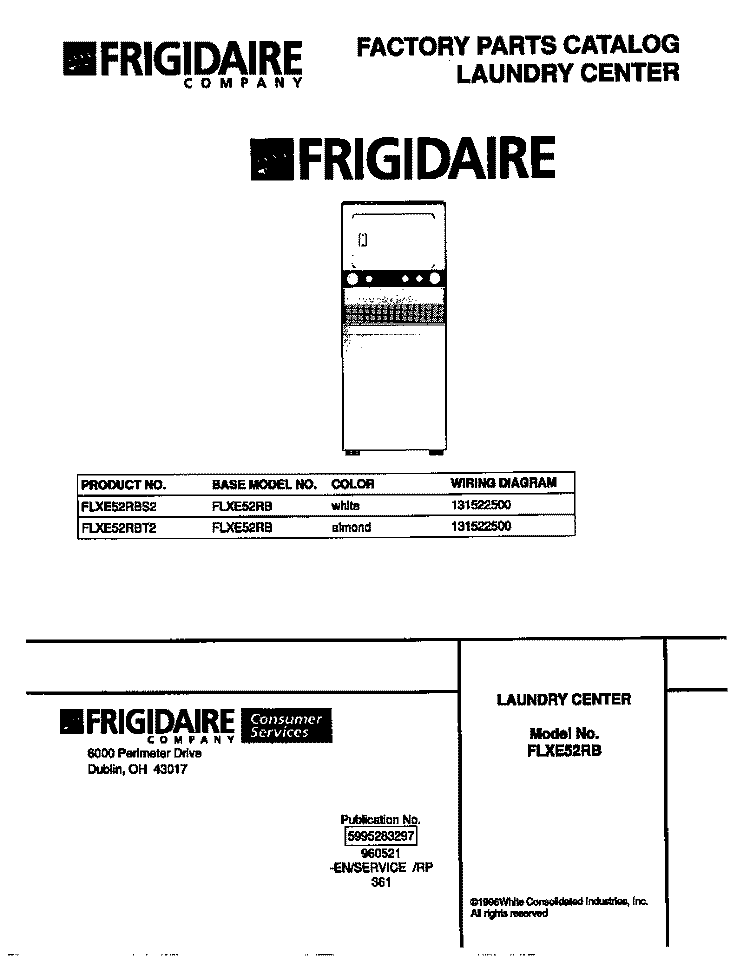 COVER Diagram and Parts List for FLXE52RBT2  Frigidaire Washer Dryer Combo