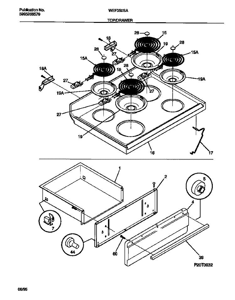 TOP / DRAWER Diagram and Parts List for WEF350SAWB  Frigidaire Range