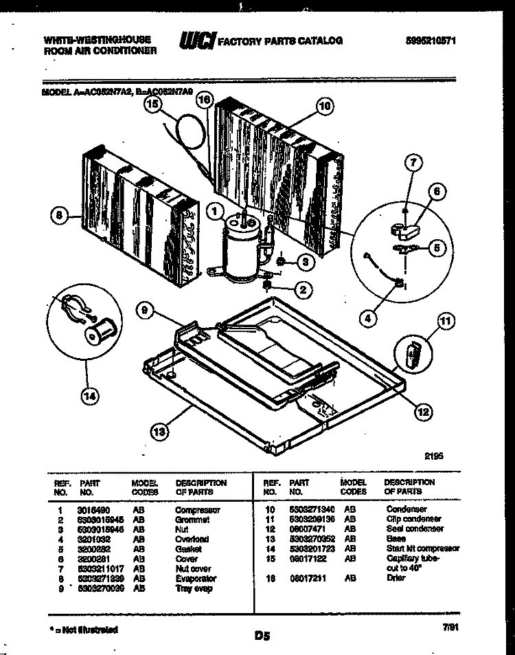 SYSTEM PARTS Diagram and Parts List for AC052N7A2  Frigidaire Air Conditioner