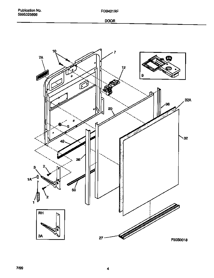 DOOR Diagram and Parts List for FDB421RFR4  Frigidaire Dishwasher