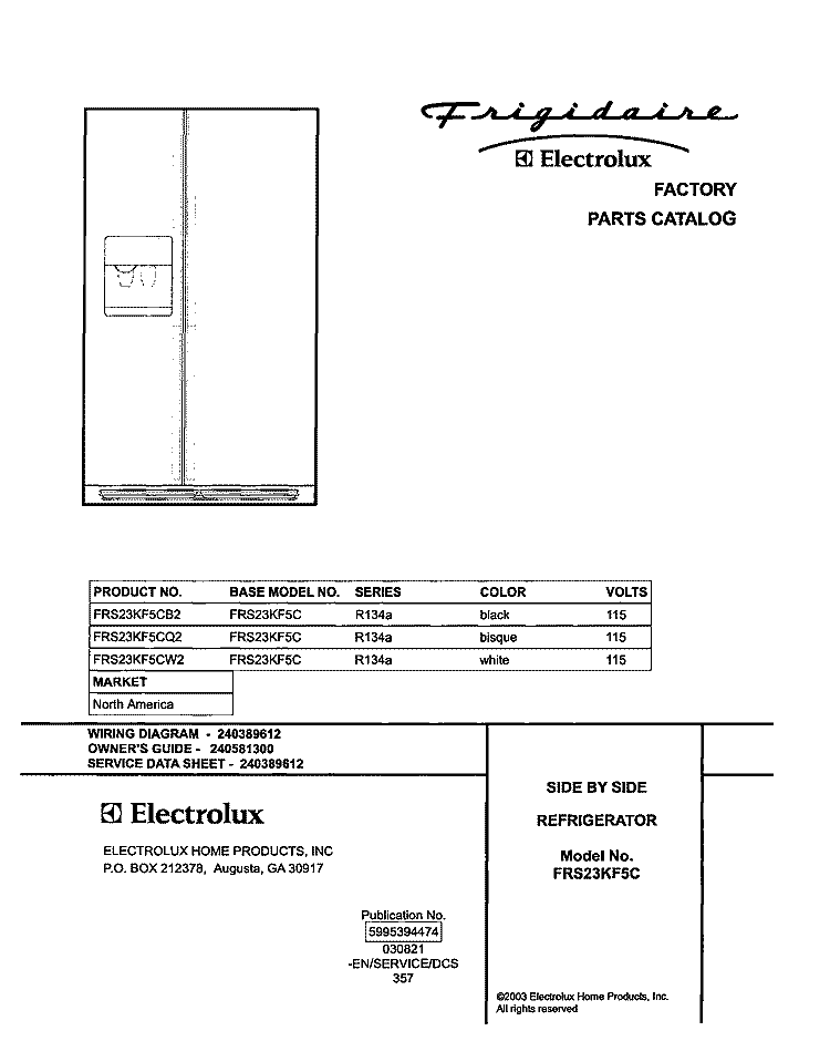 COVER Diagram and Parts List for FRS23KF5CQ2  Frigidaire Refrigerator
