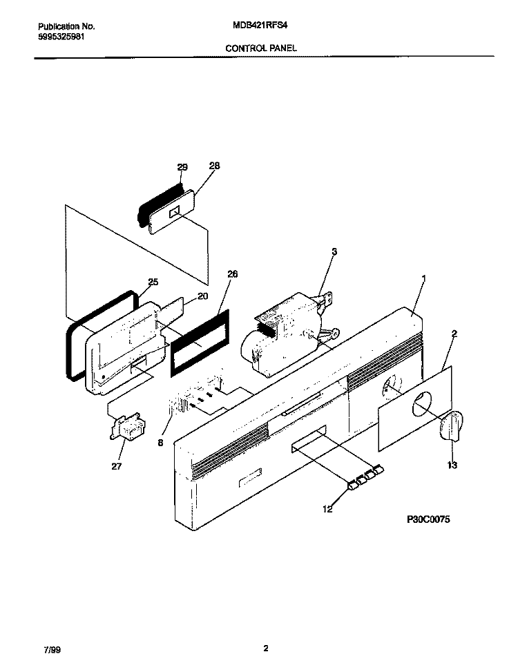 CONTROL PANEL Diagram and Parts List for MDB421RFS4  Frigidaire Dishwasher