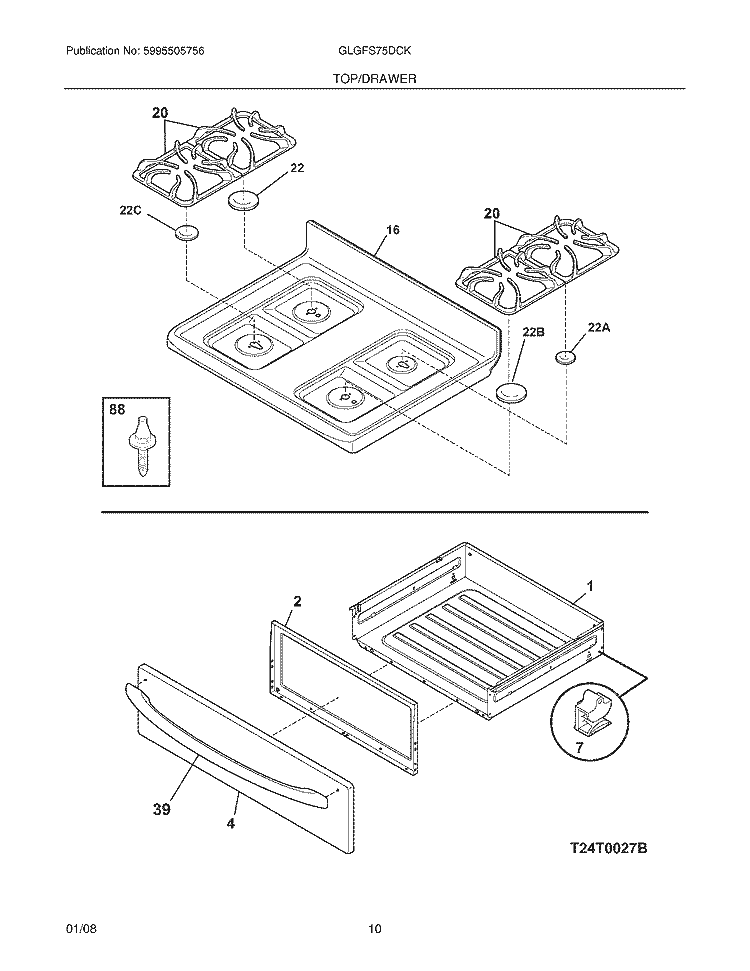 TOP / DRAWER Diagram and Parts List for GLGFS75DCK  Frigidaire Range