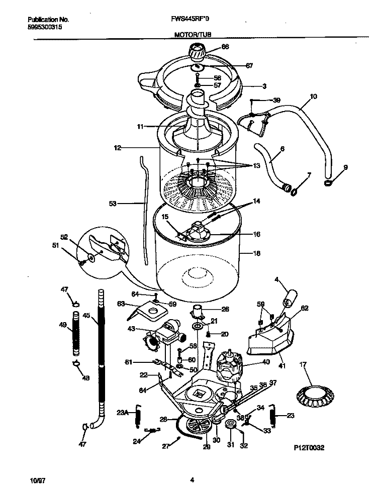 MOTOR / TUB Diagram and Parts List for FWS445RFT0  Frigidaire Washer
