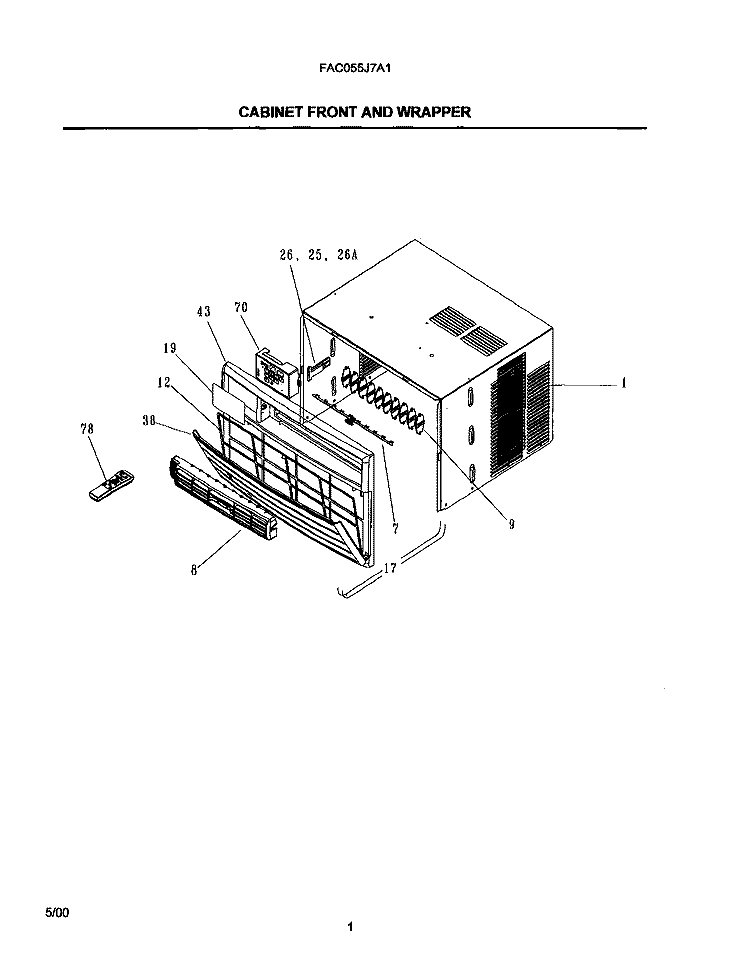CABINET FRONT AND WRAPPER Diagram and Parts List for FAC055J7A1  Frigidaire Air Conditioner