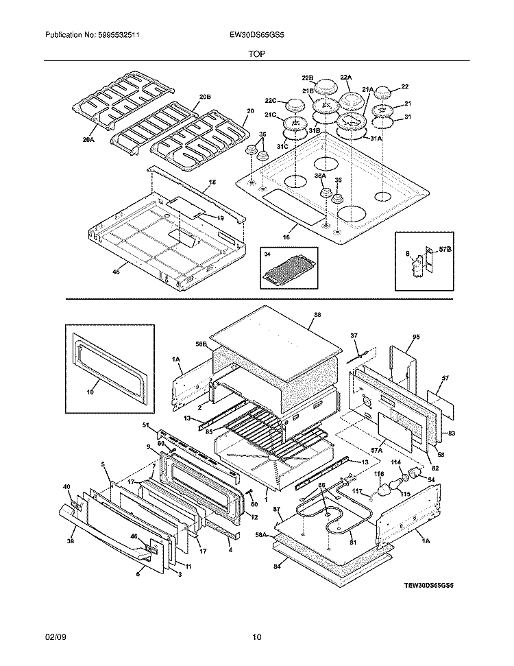 TOP/DRAWER Diagram and Parts List for EW30DS65GS5  Electrolux Range