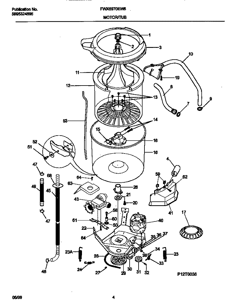 P12T0036 WSHR MTR, HOSE Diagram and Parts List for FWX6970EW5  Frigidaire Washer