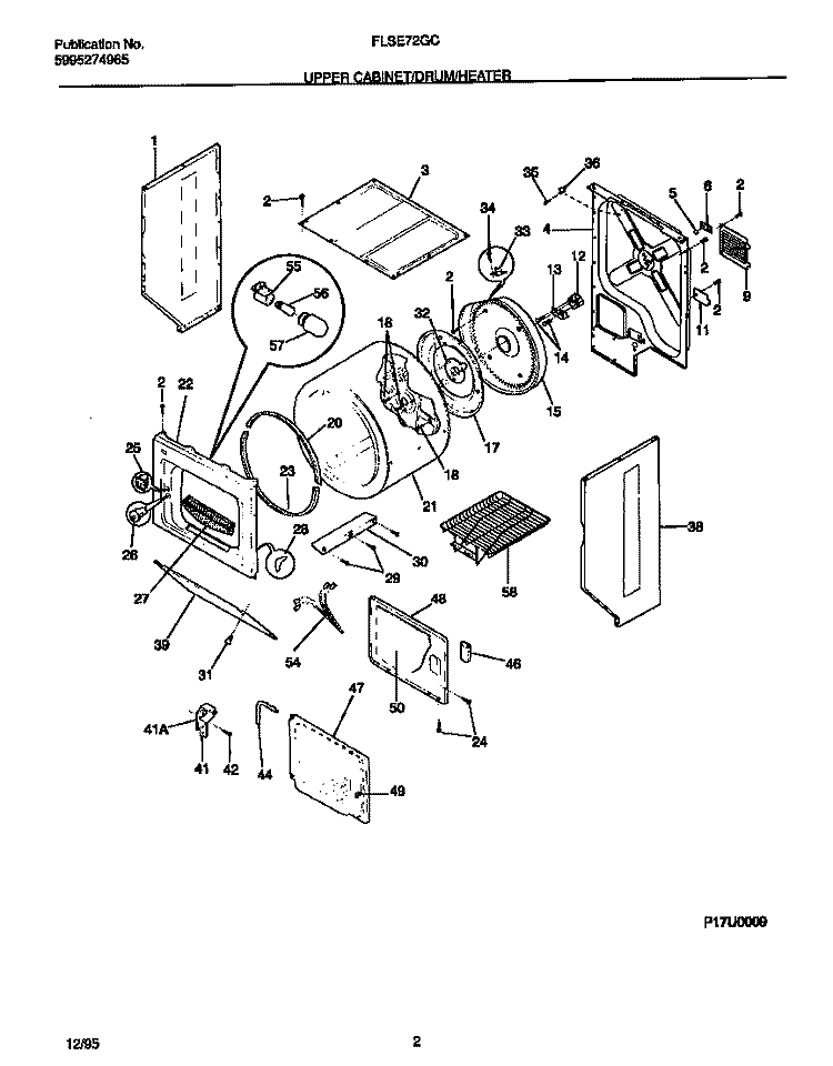 UPPER CABINET / DRUM / HEATER Diagram and Parts List for FLSE72GCT1  Frigidaire Washer Dryer Combo