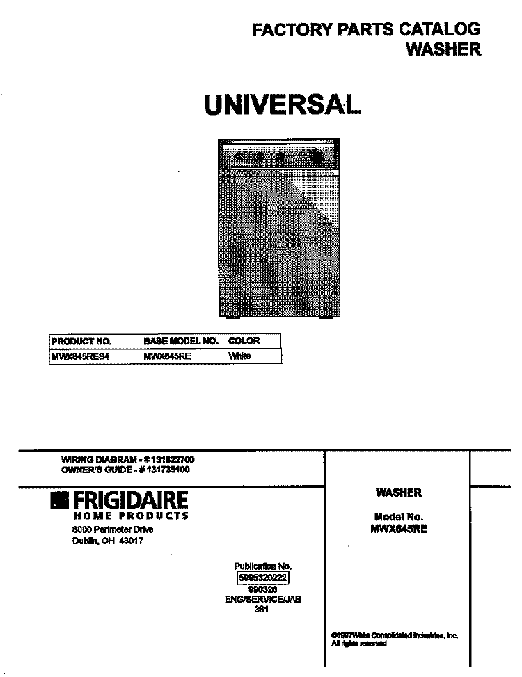 COVER Diagram and Parts List for MWX645RES4  Frigidaire Washer