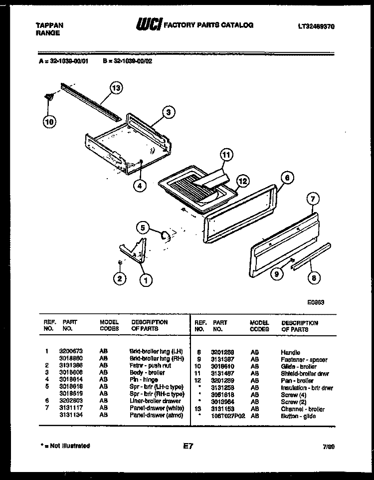 BROILER DRAWER PARTS Diagram and Parts List for 32-1039-23-02  Tappan Range