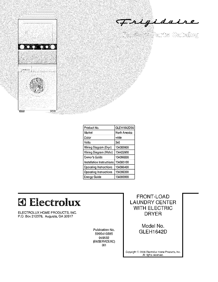 COVER Diagram and Parts List for GLEH1642DS0  Frigidaire Washer Dryer Combo