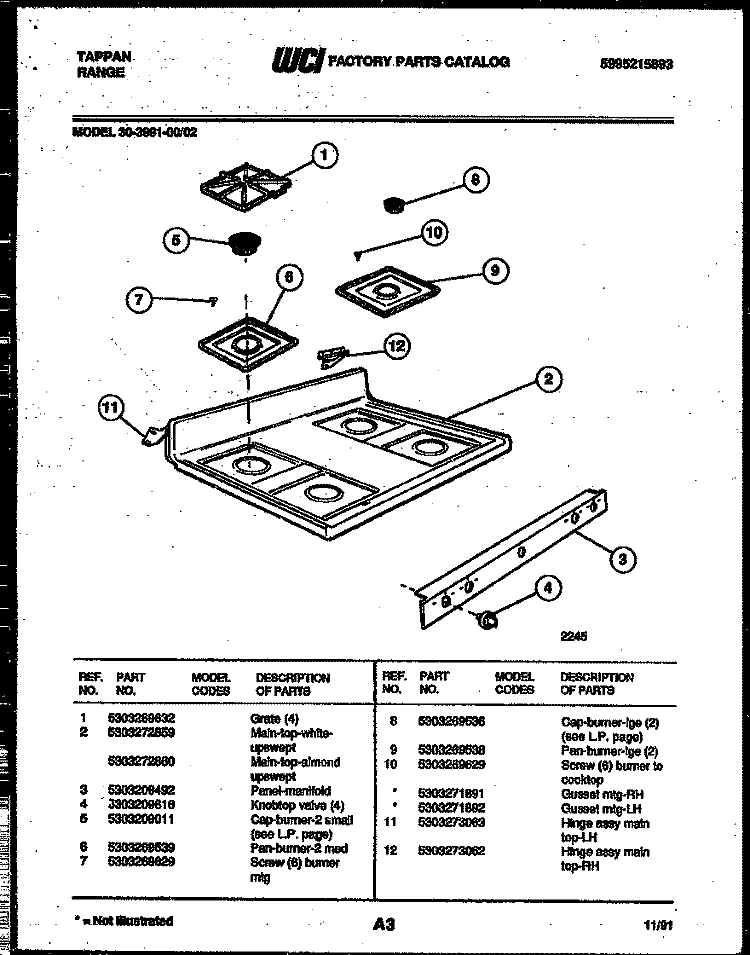 COOKTOP PARTS Diagram and Parts List for 30-3991-00-02  Tappan Range