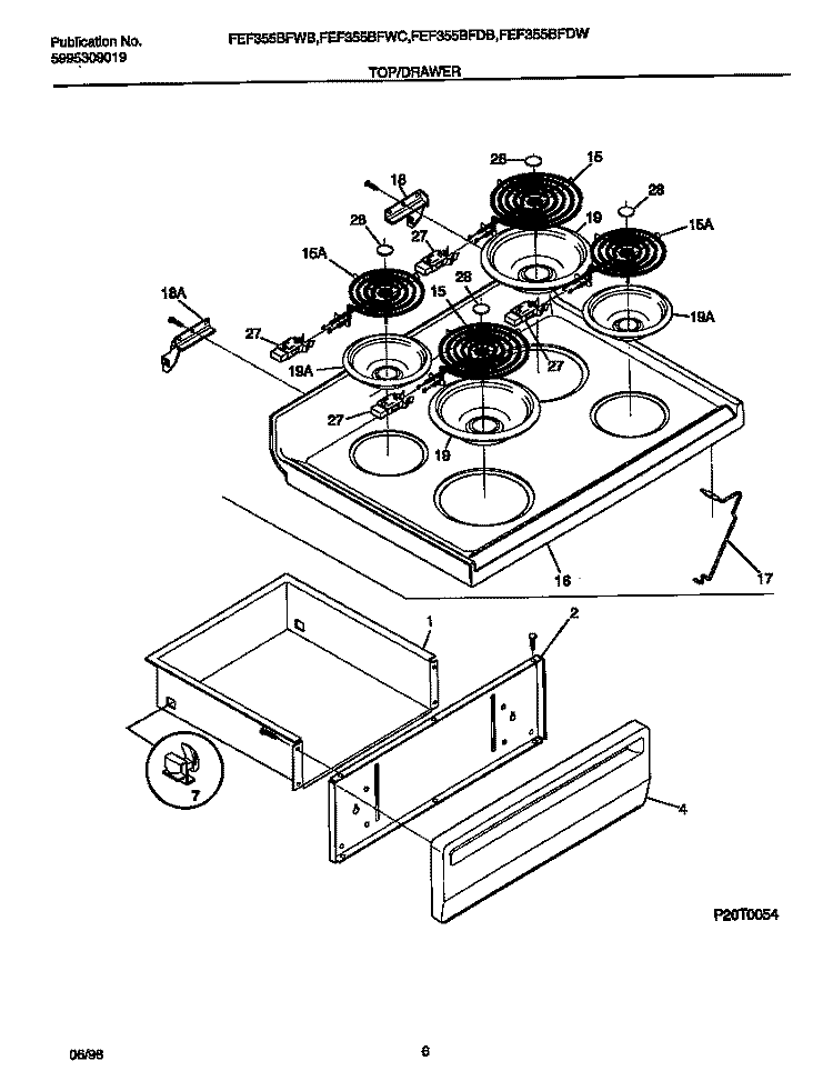 TOP / DRAWER Diagram and Parts List for FEF355BFDC  Frigidaire Range