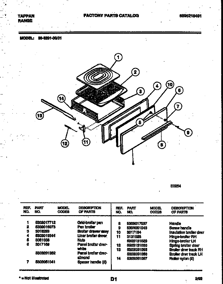 BROILER DRAWER PARTS Diagram and Parts List for 36-3281-00-01  Tappan Range
