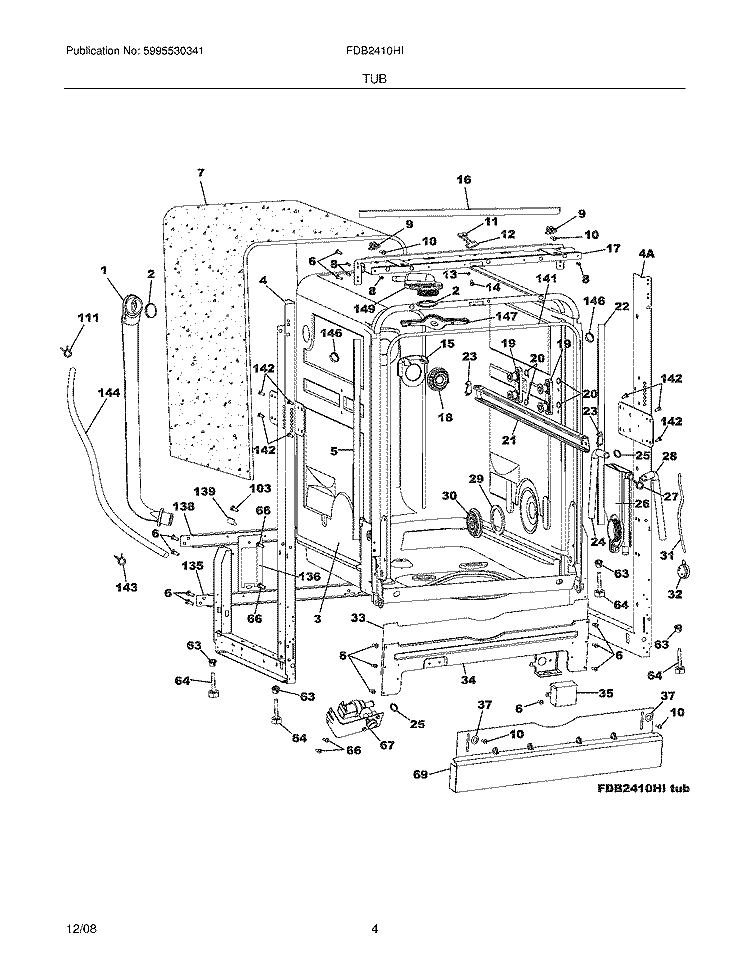 TUB Diagram and Parts List for FDB2410HIB0  Frigidaire Dishwasher