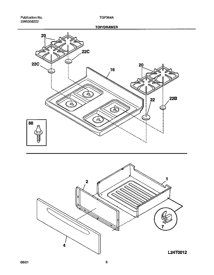TOP / DRAWER Diagram and Parts List for TGF364AQB  Tappan Range