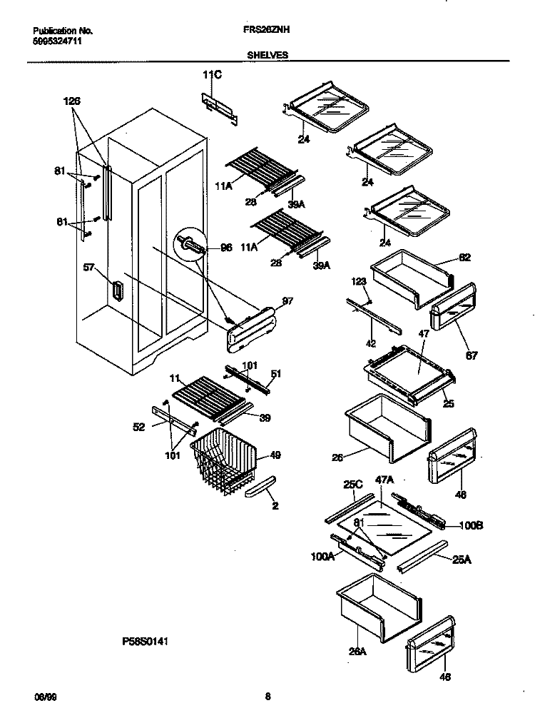 SHELVES Diagram and Parts List for FRS26ZNHB0  Frigidaire Refrigerator