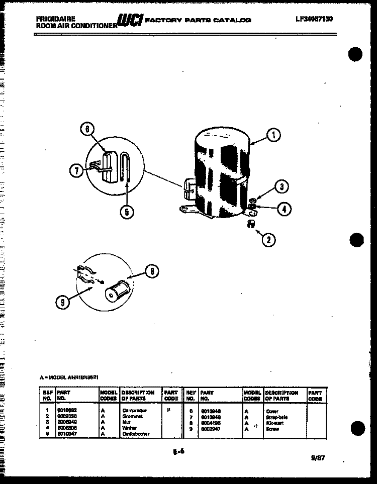 COMPRESSOR PARTS Diagram and Parts List for AHR18NS5E1  Frigidaire Air Conditioner