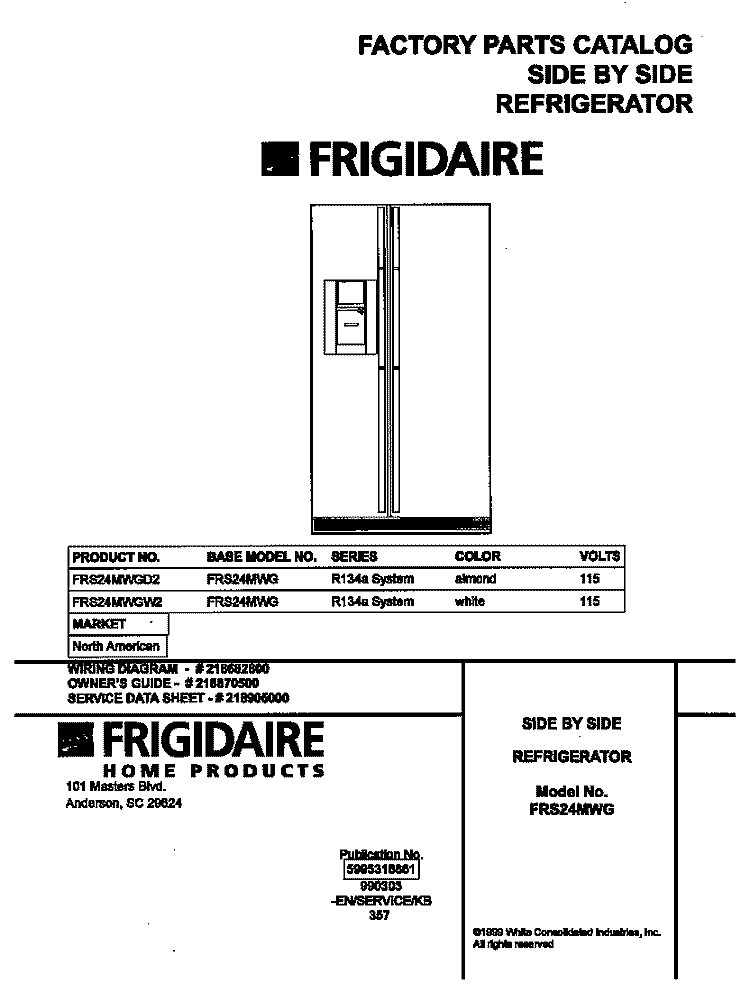 COVER Diagram and Parts List for FRS24MWGW2  Frigidaire Refrigerator