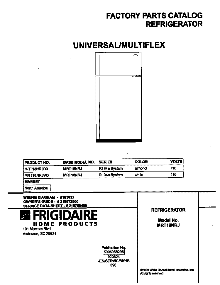 COVER Diagram and Parts List for MRT18NRJW0  Frigidaire Refrigerator