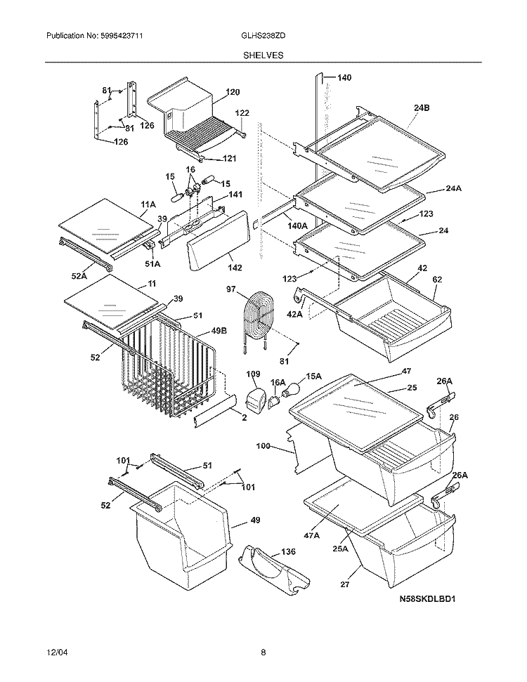 SHELVES Diagram and Parts List for GLHS238ZDQ5  Frigidaire Refrigerator
