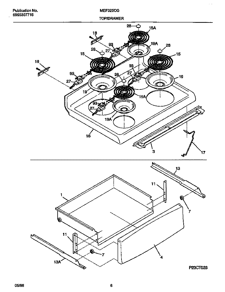 TOP / DRAWER Diagram and Parts List for MEF325CGS1  Frigidaire Range