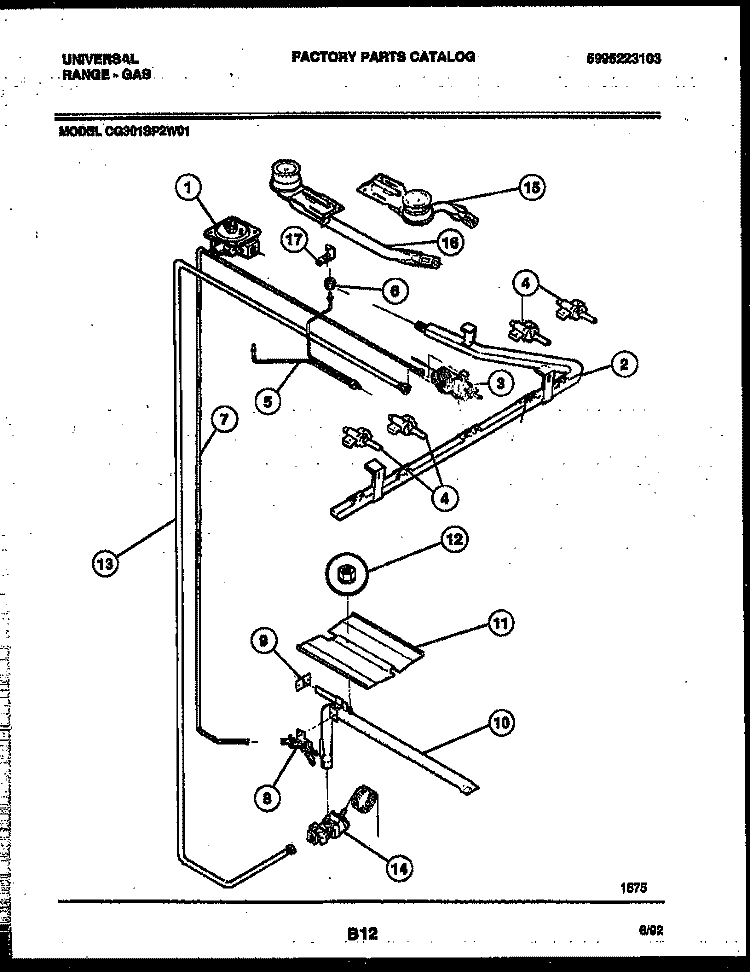 BURNER, MANIFOLD AND GAS CONTROL Diagram and Parts List for CG301SP2WJ01  Uni Range