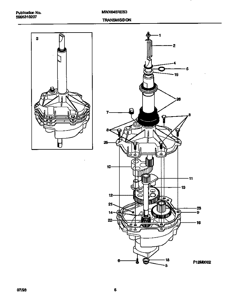 TRANSMISSION Diagram and Parts List for MWX645RES3  Frigidaire Washer