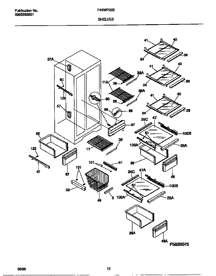 SHELVES Diagram and Parts List for F45WP22EW0  Frigidaire Refrigerator