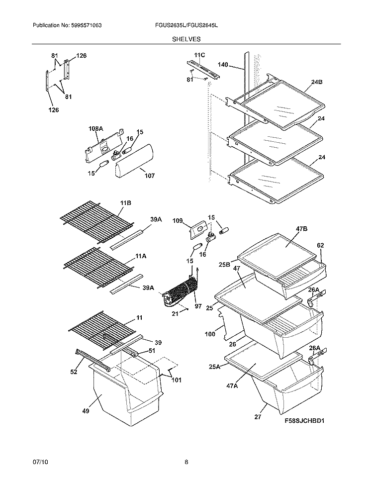 SHELVES Diagram and Parts List for FGUS2635LP0  Frigidaire Refrigerator
