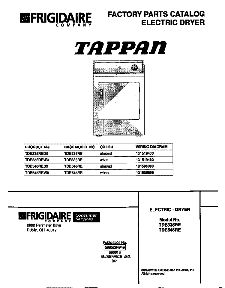 COVER Diagram and Parts List for TDE336REW0  Tappan Dryer