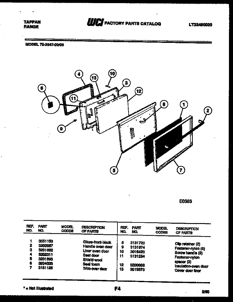 LOWER OVEN DOOR PARTS Diagram and Parts List for 72-2547-00-08  Tappan Range