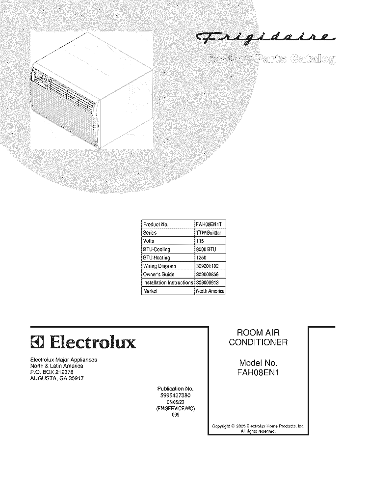 COVER Diagram and Parts List for FAH08EN1T  Frigidaire Air Conditioner