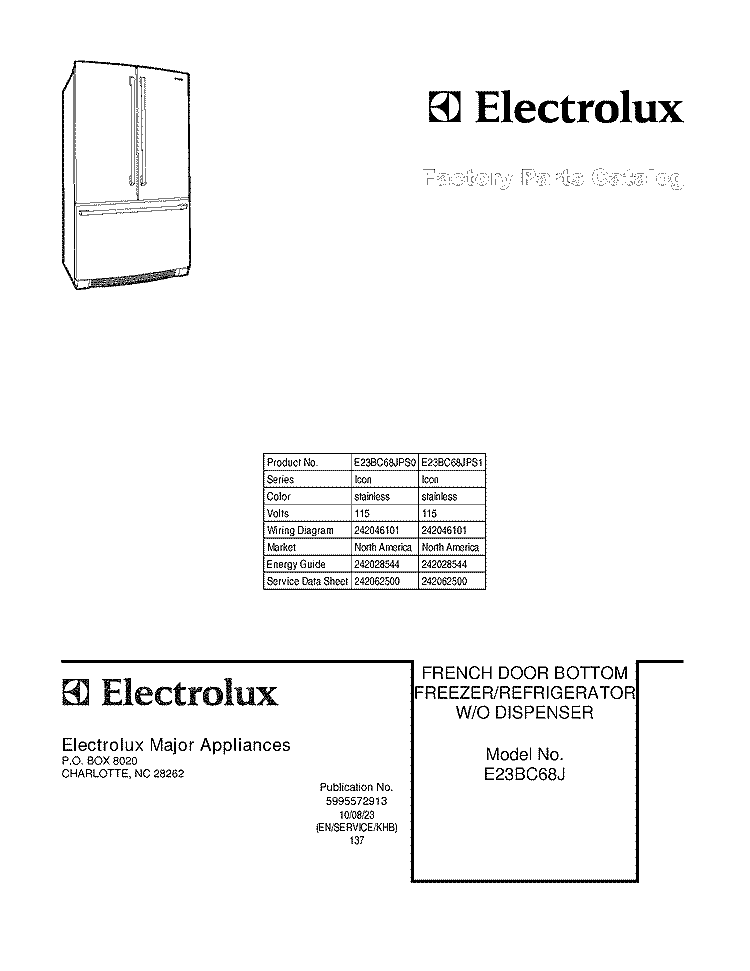 COVER Diagram and Parts List for E23BC68JPS0  Electrolux Refrigerator