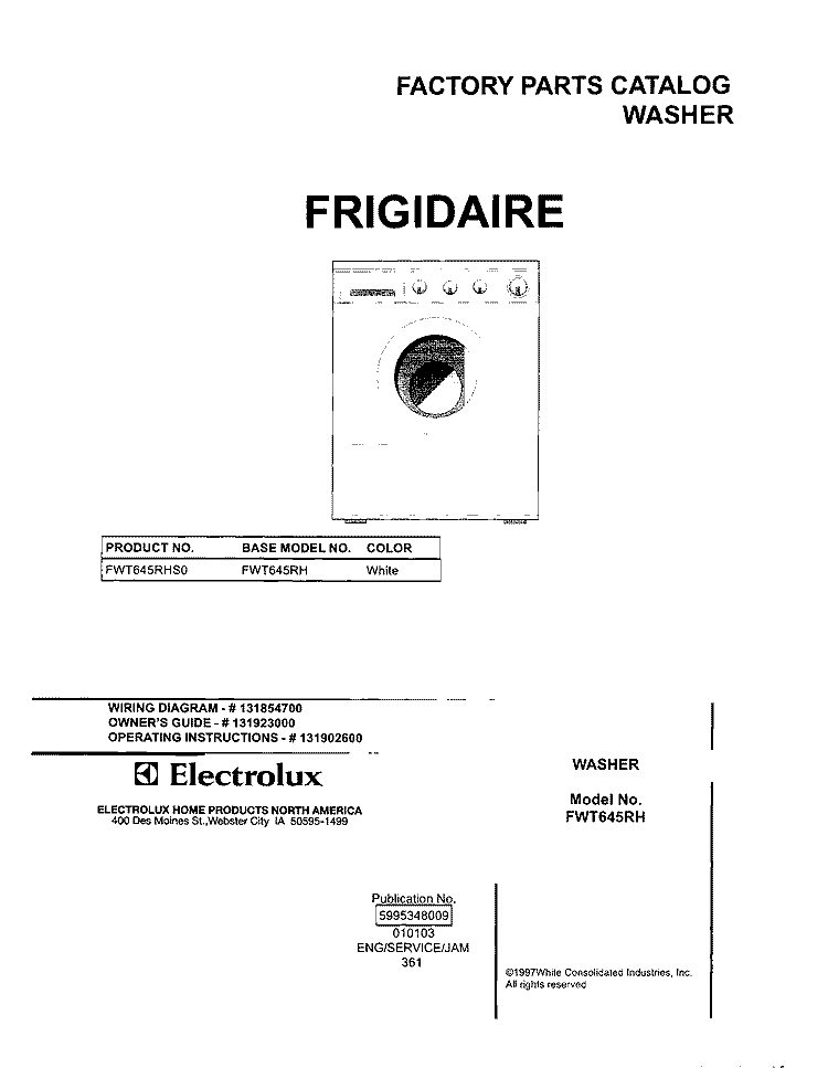 COVER Diagram and Parts List for FWT645RHS0  Frigidaire Washer
