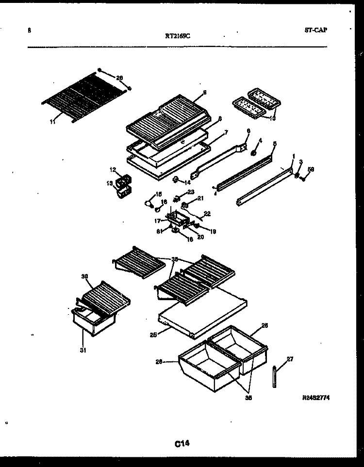 SHELVES AND SUPPORTS Diagram and Parts List for RT216SCH0  Frigidaire Refrigerator