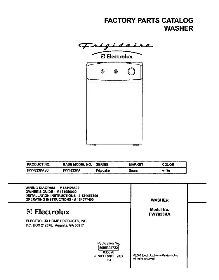 COVER Diagram and Parts List for FWY833KAS0  Frigidaire Washer