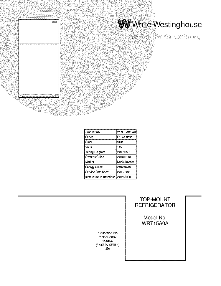 COVER Diagram and Parts List for WRT15A0AW3  Westinghouse Refrigerator