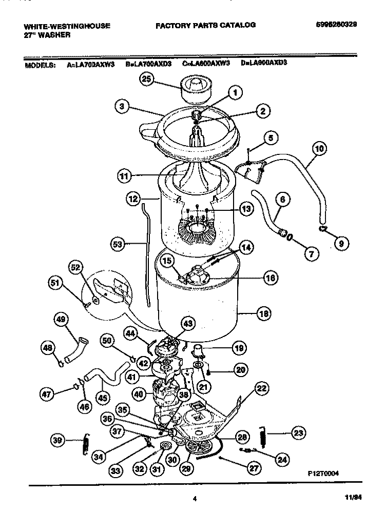 TUBES, HOSES, MOTOR Diagram and Parts List for LA700AXD3  Frigidaire Washer