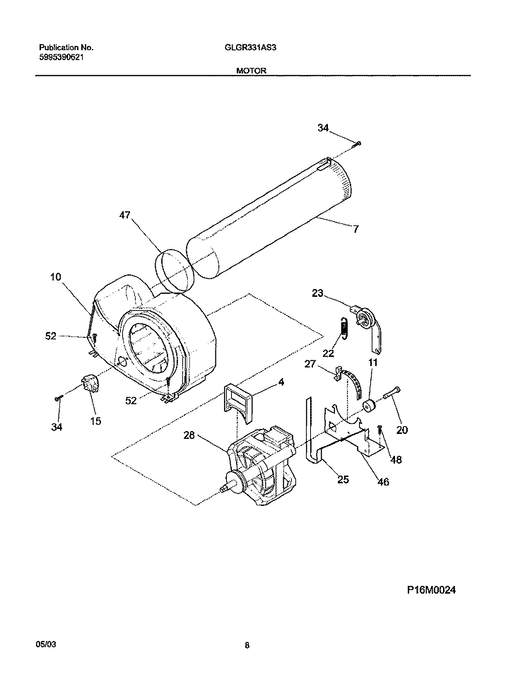 MOTOR Diagram and Parts List for GLGR331AS3  Frigidaire Dryer