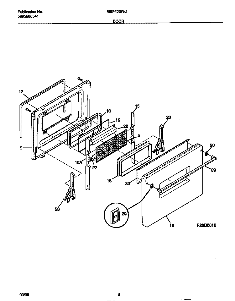 DOOR Diagram and Parts List for MEF402WCD2  Frigidaire Range