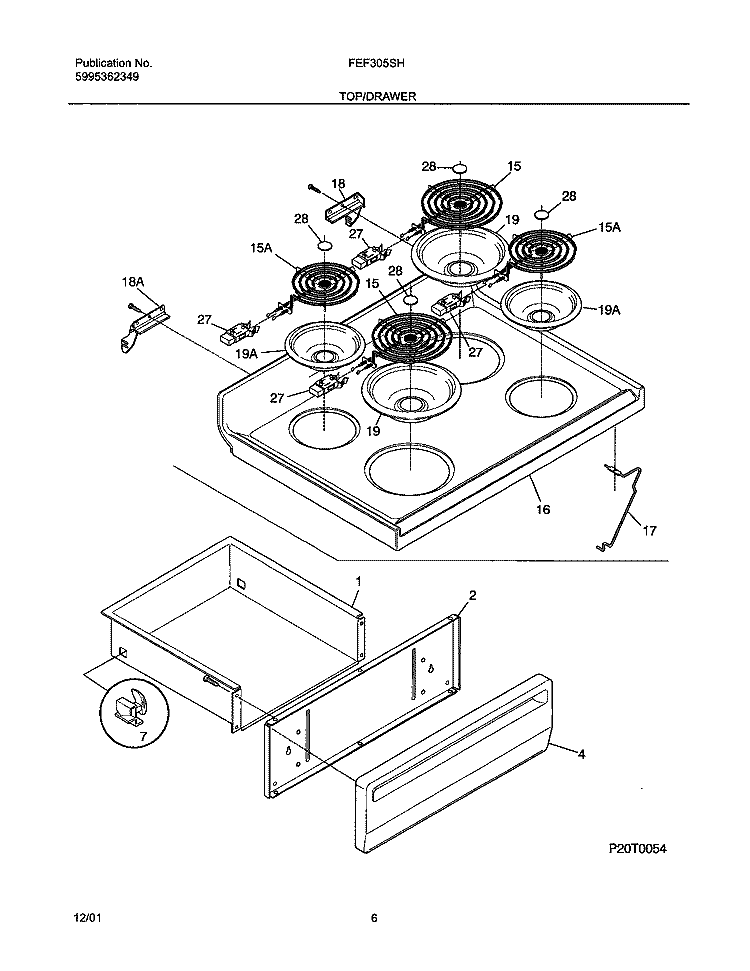 TOP / DRAWER Diagram and Parts List for FEF305SHDC  Frigidaire Range