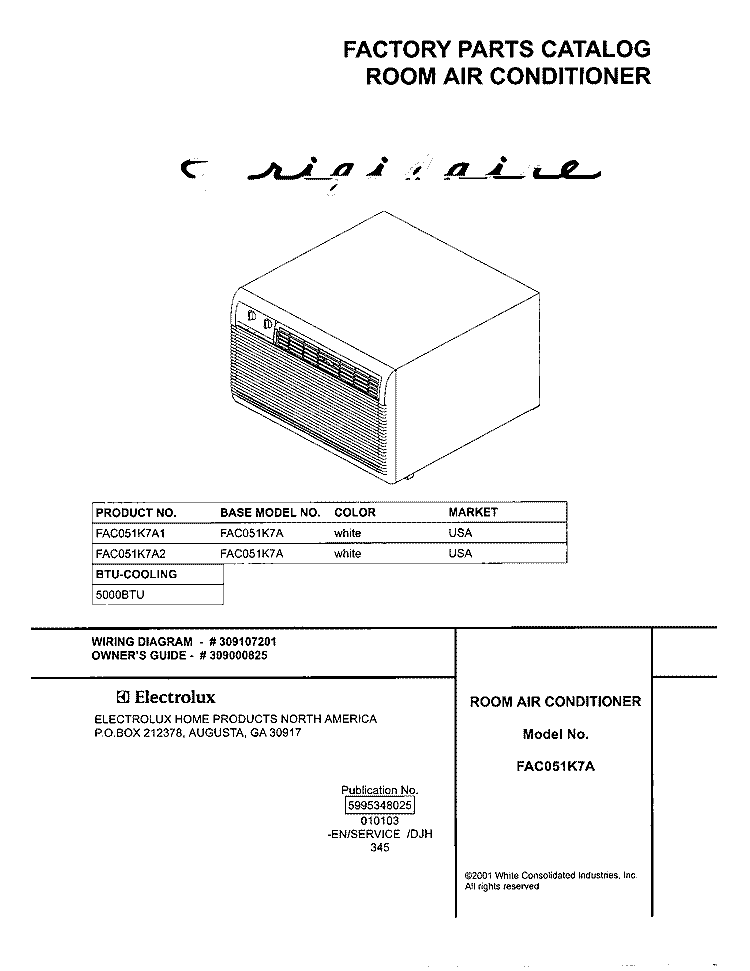 COVER Diagram and Parts List for FAC051K7A2  Frigidaire Air Conditioner