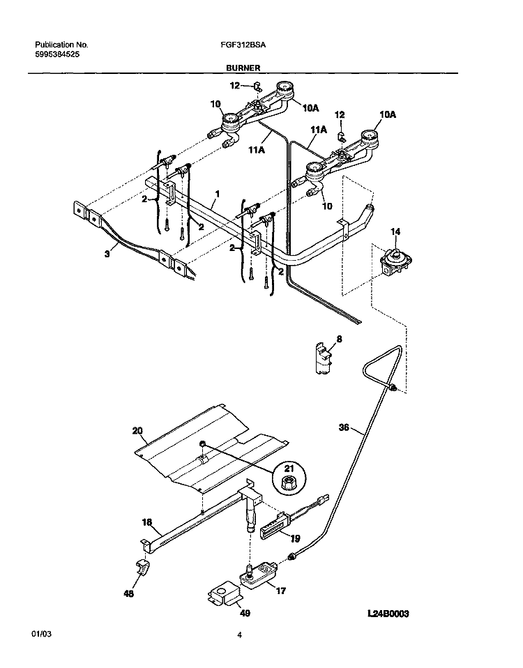 BURNER Diagram and Parts List for FGF312BSA  Frigidaire Range