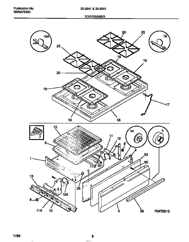 TOP / DRAWER Diagram and Parts List for 30-2251-00-09  Tappan Range