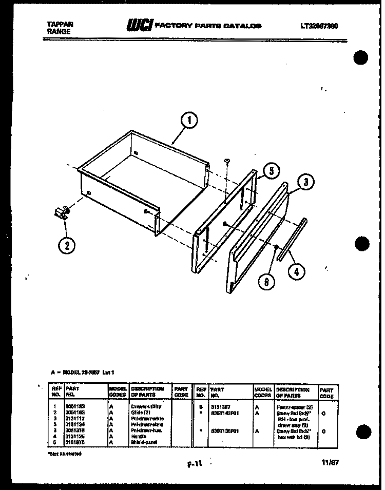 DRAWER PARTS Diagram and Parts List for 73-7857-66-01  Tappan Range