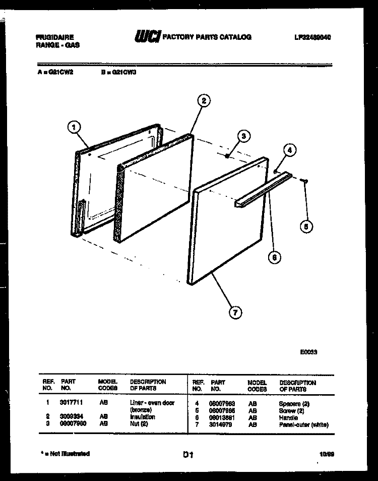 DOOR PARTS Diagram and Parts List for G21CW3  Frigidaire Range