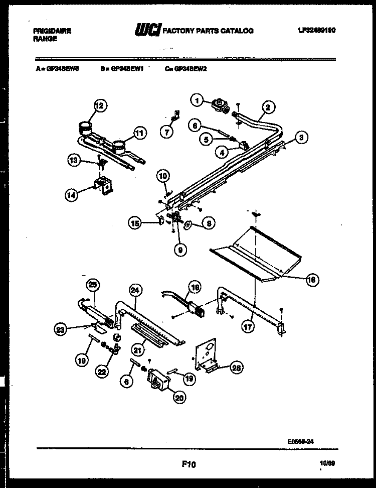 BURNER, MANIFOLD AND GAS CONTROL Diagram and Parts List for GP34BEL0  Frigidaire Range