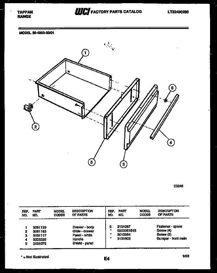 DRAWER PARTS Diagram and Parts List for 30-4990-00-01  Tappan Range