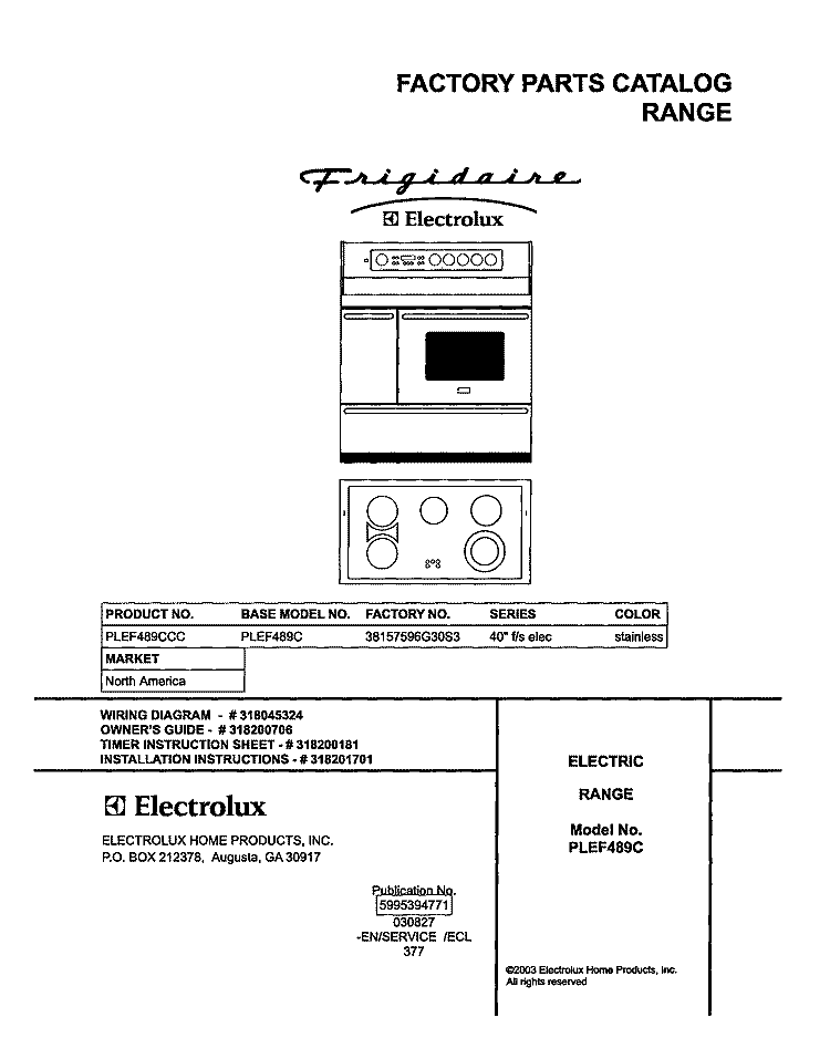 COVER Diagram and Parts List for PLEF489CCC  Frigidaire Range